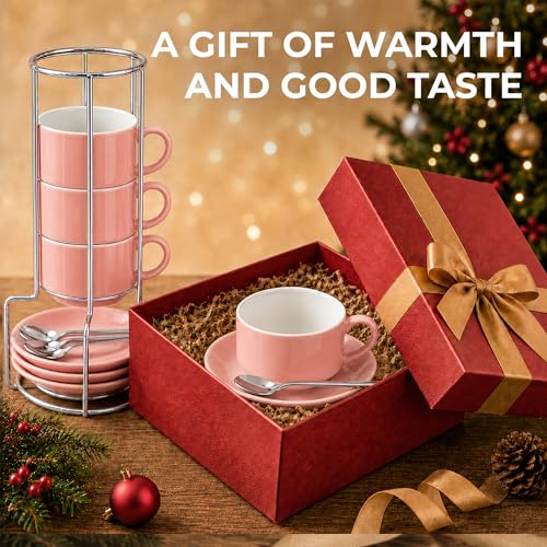 3 Ounce Espresso Cups Set of 4, Pink | Stackable Demitasse Mugs, Includes Display Stand, Cups Saucers, and Spoons, for Machines & Home Use - color: Pink
