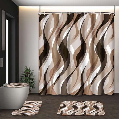Bathroom Sets with Shower Curtain and Rugs, 4 Pcs, Geometric Ombre | Abstract Modern Lines Bathroom Decor Set with Toilet Lid Cover, Non-Slip Bath Mats and Accessories 12 Hooks - color: Geometric Lines Brown