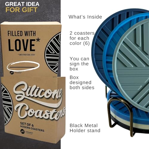 Silicone Coasters Set of 6 - with Holder - Modern Patterns Protecting Your Coffee Table, Navy/Blue - color: Beach Vibes