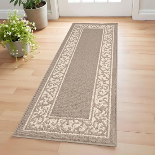 20 x 59 Inch Runner Rug Non-Slip Area Rug for Hallway – Low Profile Water Absorbing Kitchen Runner Rug with Rubber Backing – Machine Washable Indoor Mats for Entryway (Border Beige) - color: Border Beige, size: 1'8" x 4'11" (Rectangular)