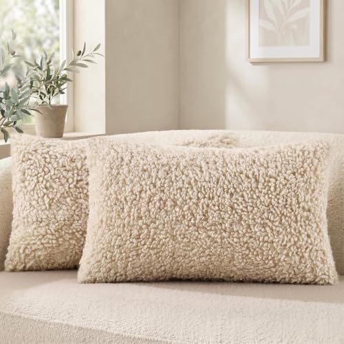 decorUhome Sherpa Throw Pillow Covers 12x20 Set of 2 Neutral Oatmeal | Soft Fuzzy Texture, Heart-Shaped Zipper, Cozy Lumbar Accent Pillow Covers for Sofa Couch Living Room Bedroom, Neutral Style - color: Oatmeal, size: 20" x 12" (Pack of 2)