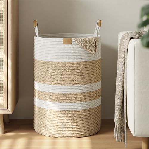 Nunsino 95L Striped Laundry Hamper with Leather Handles,Large Foldable Laundry Basket for Clothes,Cotton Rope Storage Bin for Blankets,Woven Clothes Basket for Bedroom,Beige Stripes - color: Brown&White, size: 95L/25.1Gal