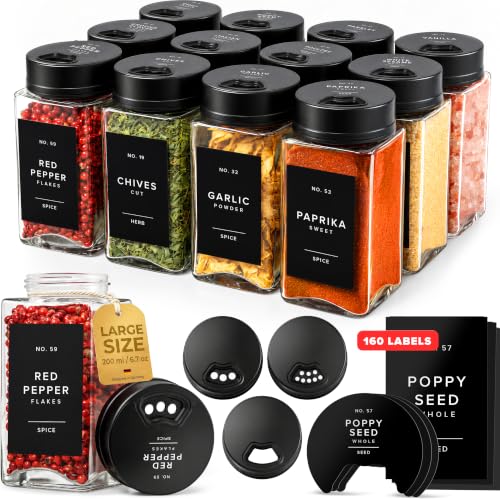 Glass Spice Jars with Labels & Black Rotating Lids – 12 Large Square Airtight Containers 6.7 oz / 200ml with Shaker Inserts, Funnel & 160 Waterproof Labels for Kitchen Pantry Organization