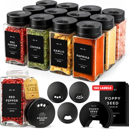 Glass Spice Jars with Labels & Black Rotating Lids – 12 Large Square Airtight Containers 6.7 oz / 200ml with Shaker Inserts, Funnel & 160 Waterproof Labels for Kitchen Pantry Organization