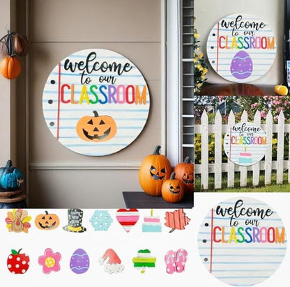 Welcome to Classroom Front Door Decoration Sign, Seasonal Door Sign | 12 inch Interchangeable Wooden Plaque for Classroom/Home, DIY Wall Decor for Christmas Holidays & Back-to-School,13 Patterns