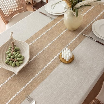 Joyfol Day Rustic Waterproof Cotton Blend Tablecloth, Heavy Weight Embroidery Table Cover for Rectangle Tables, Burlap Farmhouse Style with Coffee Lines, 55" x 86" - color: Coffee Lines, size: 86" x 55" (Rectangular)