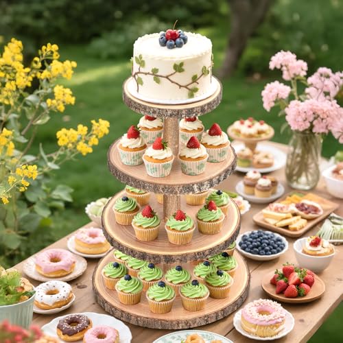 Wooden Cupcake Stand for 24 Cupcakes 4-Tier Dessert Tower Rustic Tiered Display Stand for Woodland Baby Shower Decorations, Farmers Market Decor, Wedding, Birthday, Graduation, Tea Party