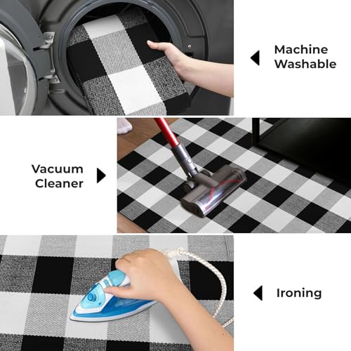 KOZYFLY Buffalo Plaid Area Rugs 27.5x43 Inches Black and White Checkered Rug Washable Front Door Mat Hand Woven Cotton Outdoor Rug Small Rug for Front Porch Kitchen Entryway Patio Bathroom | Washable Front Door Mat, Woven Cotton Outdoor Rug, Indoor Small