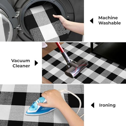 KOZYFLY Buffalo Plaid Area Rugs 27.5x43 Inches Black and White Checkered Rug Washable Front Door Mat Hand Woven Cotton Outdoor Rug Small Rug for Front Porch Kitchen Entryway Patio Bathroom | Washable Front Door Mat, Woven Cotton Outdoor Rug, Indoor Small