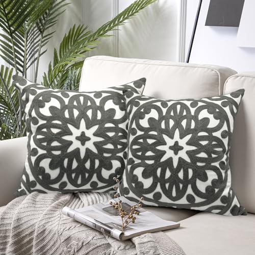 Alysheer Embroidered Decorative Throw Pillow Covers 18"x18" Set of 2 Pieces, Classic Boho Mandala Knit Pattern, Durable Cotton Canvas Cozy Gray Cushion Cases for Sofa Couch Living Room(Grey) - color: Grey, size: 18" x 18" (Pack of 2)