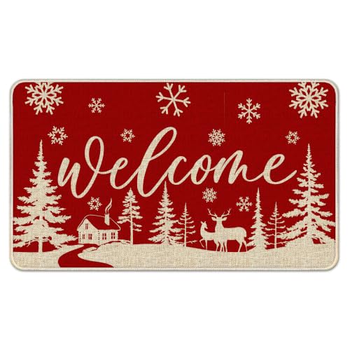 Hexagram Christmas Door Mat Outdoor for Front Door 17x29 Inch | Red Snowflake Christmas Welcome Doormat, Winter Xmas Floor Rugs for Indoor Outdoor Porch Decor - color: Christmas Welcome Tree