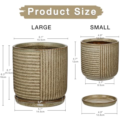 Oairse Ceramic Pots for Indoor Plants, 6.1 +4.9 inch Pots for Plants Set of 2 Brown Plant Pots with Drainage Holes and Saucers Texture Ceramic Planters Indoor Outdoor Flower Pot for Succulent - style: Round Shaped