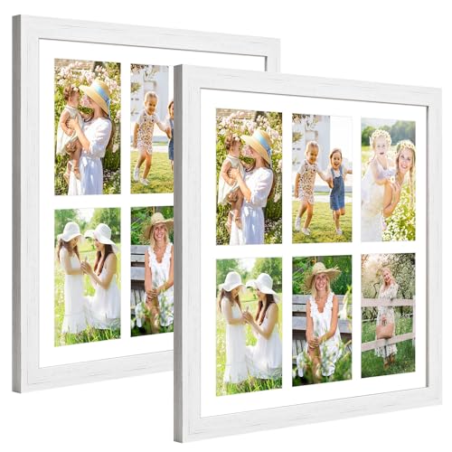 13x13 Collage Frame with 6 Openings 4X6 Pictures, Multiple Picture Frame with Mat, Wall or Tabletop Decor, White Wood Grain,2 Pack - color: White, size: 13x13-(6 open4x6)-2P