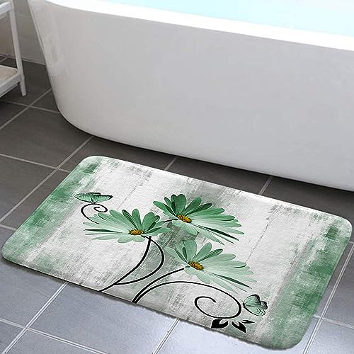 Rustic Farmhouse Bath Mat Set - Daisy Floral & Butterfly Country Wooden Bathroom Mat with Non-Slip Bath Rug, Soft Toilet Lid Cover, Contour Mat - Turquoise - color: Greed