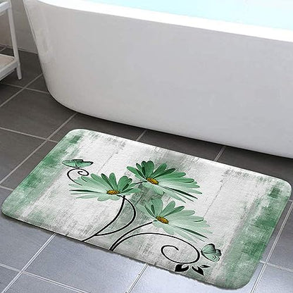 Rustic Farmhouse Bath Mat Set - Daisy Floral & Butterfly Country Wooden Bathroom Mat with Non-Slip Bath Rug, Soft Toilet Lid Cover, Contour Mat - Turquoise - color: Greed