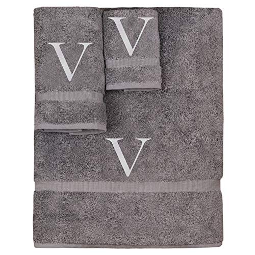Monogrammed Towel Set, Personalized Gift, Set of 3- Silver Block Letter Embroidered Towel - Extra Absorbent 100% Turkish Cotton - Soft Terry Finish - Initial V Gray - color: Gray & Silver, size: Initial - V