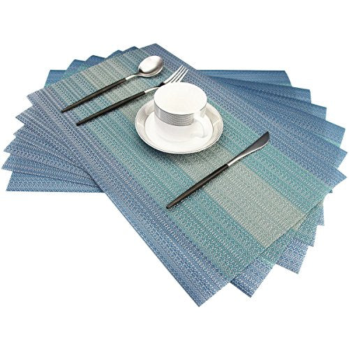 Placemats Washable Easy to Clean PVC Placemat for Kitchen Table Heat-resistand Woven Vinyl Hard Table Mats 12x18 inches Set of 6 （Blue） - color: Blue, size: placemats set of 6