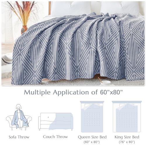 jinchan 100% Cotton Muslin Blanket Twin Boho Throw Blanket 60x80 Slate Blue | 3-Layer, Geometric Triangle Quilt, Cooling Breathable Lightweight, for Adult, Soft, Reversible, Summer, Couch, Sofa, Bedroom - color: B. Triangle Blue, size: 60"x80"