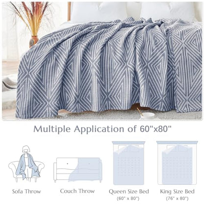 jinchan 100% Cotton Muslin Blanket Twin Boho Throw Blanket 60x80 Slate Blue | 3-Layer, Geometric Triangle Quilt, Cooling Breathable Lightweight, for Adult, Soft, Reversible, Summer, Couch, Sofa, Bedroom - color: B. Triangle Blue, size: 60"x80"