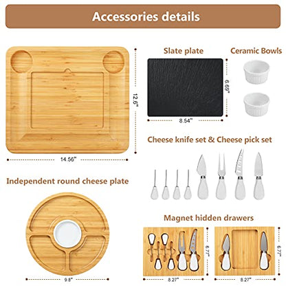 ROYAMY Bamboo Cheese Charcuterie/Serving Board and Knife Set with Round Tray, Wooden Cheese Platter/Tray, Perfect for Christmas, Anniversary,Wedding,Housewarming Gift Ideas