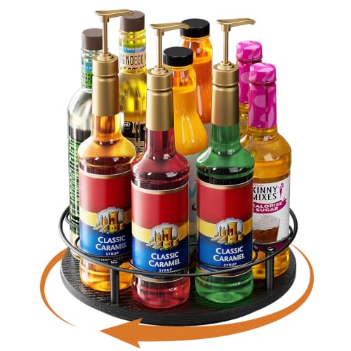 Nuovoware 9 Bottles Rotating Coffee Syrup Rack, Black+Black | Carbon Steel Frame, Wooden Base Bottle Holder, Space-Saving Storage Rack for Coffee Flavored Syrups - color: Black+black, size: 9 Bottles