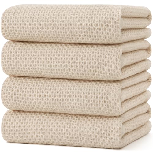 Kitinjoy 100% Cotton Waffle 4-Pack Kitchen Towels, 20" x 28", Beige | Super Soft, Ultra-Absorbent, Fast Drying, lightweight, Quick Drying Kitchen Hand Towels - color: Beige, size: 20 x 28 - 4 Pack