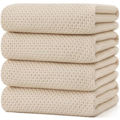 Kitinjoy 100% Cotton Waffle 4-Pack Kitchen Towels, 20" x 28", Beige | Super Soft, Ultra-Absorbent, Fast Drying, lightweight, Quick Drying Kitchen Hand Towels - color: Beige, size: 20 x 28 - 4 Pack