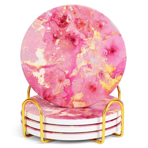 Pink and Gold Cute Desk Coasters Set of 4, Ceramic Office Drinks Coaster for Women, Pink Girls Coffee Table Decor - color: Pink Gold