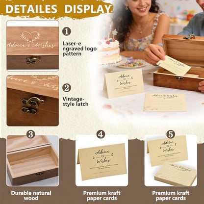 Wooden Advice & Wishes Memory Box with 50 Pcs Kraft Tan Cards for Wedding - Bridal Shower Guest Book Alternative- Versatile Keepsake for Newlyweds, Baby Shower, Graduation & Birthday Party ﻿ (Set) - color: Set