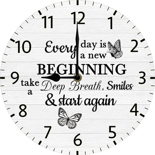 Every Day is a New Beginning Take a Deep Breath Smile and Start Again Wooden Wall Clock Quotes Art Inspirational Motivational Saying Wall Decor 10"x10" Silent Non Ticking Battery Operated - color: C3