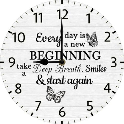 Every Day is a New Beginning Take a Deep Breath Smile and Start Again Wooden Wall Clock Quotes Art Inspirational Motivational Saying Wall Decor 10"x10" Silent Non Ticking Battery Operated - color: C3