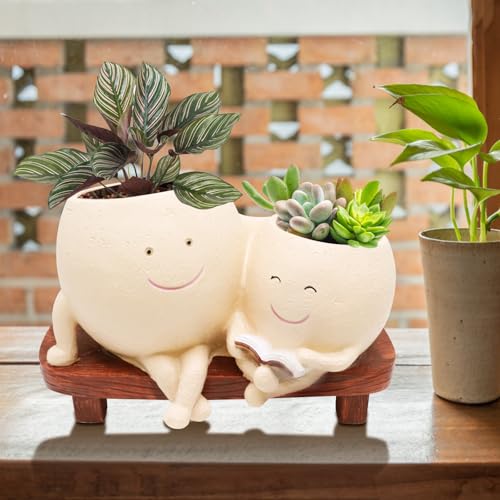 LAUGOKEBE Cute Smily Face Plant Pot for Indoor Outdoor with Drainage Hole | Unique Double Head Reading Book Planters, Funny Succulent Flower Pots, Plant Gifts for Mother's Day, Birthday, Christmas