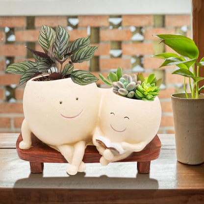LAUGOKEBE Cute Smily Face Plant Pot for Indoor Outdoor with Drainage Hole | Unique Double Head Reading Book Planters, Funny Succulent Flower Pots, Plant Gifts for Mother's Day, Birthday, Christmas