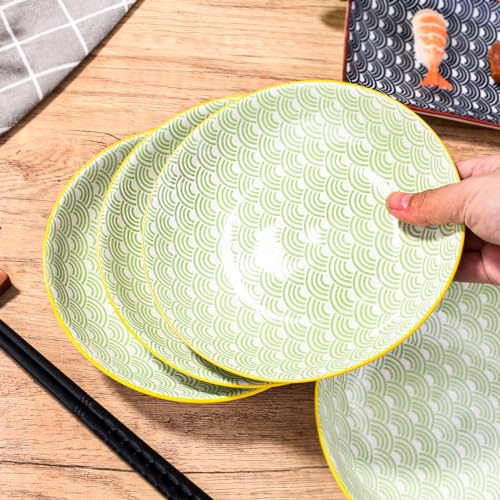 4-Piece Ceramic Salad Plate Set, 7-Inch Round Dessert Plates with Green Wave Motif & Yellow Rim, Multi-Purpose Small Serving Bowls for Appetizers & Snacks, Microwave & Dishwasher Safe, Stackable - color: GBL