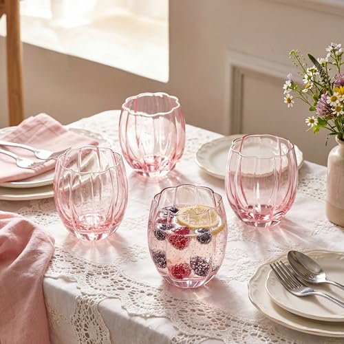 Remerry 6 Pack Pink Stemless Glasses Petal Glass 12oz (350ml) Wine Glass Cups Hand Blown Drinking Glasses for Cocktail, Juice & Various Mixed Drinks for Galentine Wedding Party Reception Grand Event - color: Pink