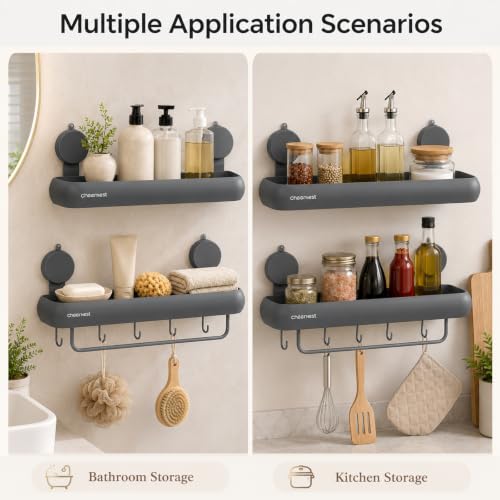 Shower Caddy Suction Cup, No-Drill Shower Organizer Shelf, 2 Pack | Large Capacity, Rustproof Aluminum, 2 Install Ways, Includes Hooks&Hanging Bar,Wall-Mounted Bathroom Organizer Storage Holder - color: Dark Gray