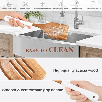 Wooden Spoons For Cooking, 6 Pieces Natural Acacia Wooden Cooking Utensils or Non-Stick Wood Kitchen Utensil Set for Kitchen Essentials, Wooden Cooking Utensils Set with Hanging Hole, White - color: White