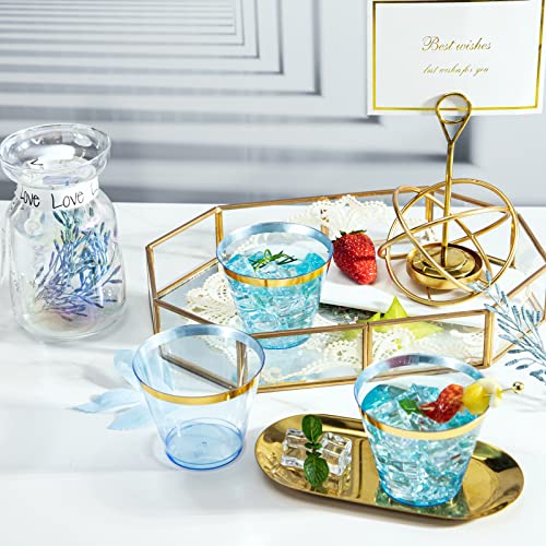 MirthMood 150PCS Blue Plastic Cups,9oz Clear Disposable Cups with Gold Rim | Old Fashioned Tumblers Gold Rimmed Plastic Cups for Any occasion: Weddings, Parties, Business Events - color: Blue