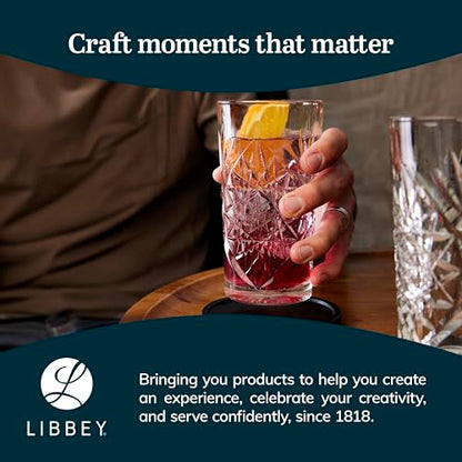 Libbey Hobstar Cooler Glasses, Cut Glass Drinking Glasses Set of 4, Hi-Ball Textured Drinking Glasses, 16 oz Cocktail Glass Set for Soda, Mixed Drinks - color: Hobstar Cooler