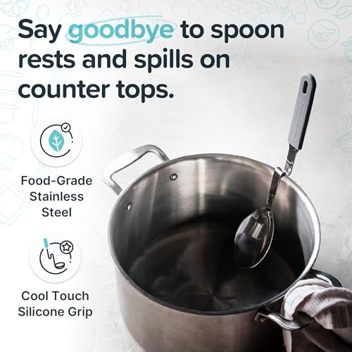 Souper Cubes Stainless Steel Spoon with Silicone Grip & Pot Hook, Charcoal | Durable Cooking Spoon Hooks to Your Pot to Help Prevent Drips and Keep Counters and Stovetop Clean - color: Charcoal, size: Spoon 1-Pack