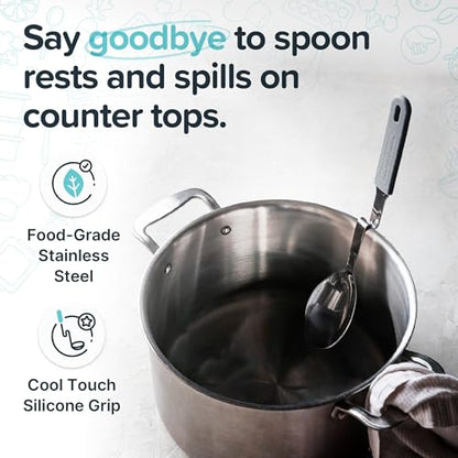 Souper Cubes Stainless Steel Spoon with Silicone Grip & Pot Hook, Charcoal | Durable Cooking Spoon Hooks to Your Pot to Help Prevent Drips and Keep Counters and Stovetop Clean - color: Charcoal, size: Spoon 1-Pack