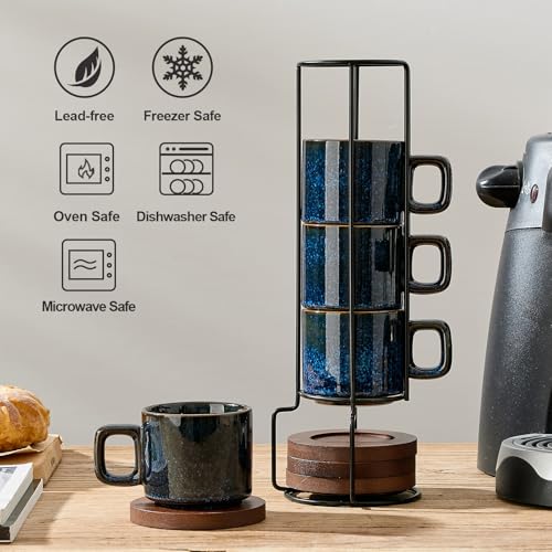 LUKA Porcelain Stackable Espresso Cups with Saucers and Metal Stand, 4 Ounce Small Ceramic Demitasse Cups Set for Latte, Specialty Coffee Drinks, Cafe Mocha,Tea - Set of 4, Reactive Blue - color: Reactive Blue