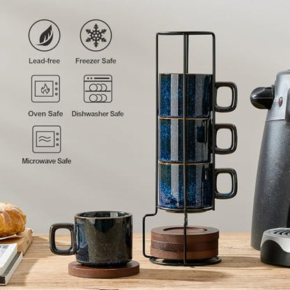 LUKA Porcelain Stackable Espresso Cups with Saucers and Metal Stand, 4 Ounce Small Ceramic Demitasse Cups Set for Latte, Specialty Coffee Drinks, Cafe Mocha,Tea - Set of 4, Reactive Blue - color: Reactive Blue
