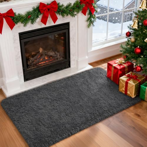 Fluffy Shaggy Small Area Rug, Dark Grey 2x3 Doormat Door Rugs for Bedside Christmas Decor, Mini Fuzzy Plush Throw Rug, Soft Non-Slip Entryway Shag Catpet for Livingroom Holiday Home Aesthetic - color: Dark Grey, size: 2' x 3' (Rectangular)