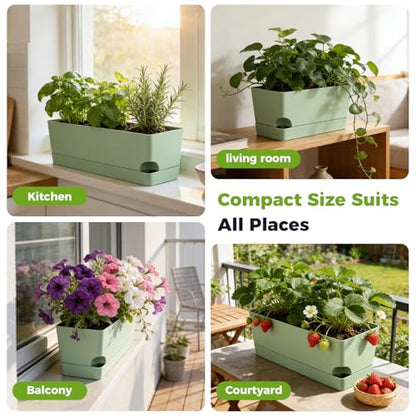 2 Pack Self Watering Pots for Indoor Plants 17 Inches Window Boxes Planters Rectangular Flower Pots Rectangle Herb Pots Large Plant Pots with Drainage Holes and Saucers Windowsill Planter, Green - color: Green