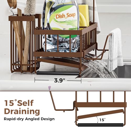 Kitchen Sink Organizer, Stainless Steel Sponge Holder, Brown | Rust-Resistant Steel, Detachable Draining Board, Compartment Divider, Brush Holder & Towel Bar, Ideal for Kitchen Storage - color: Brown
