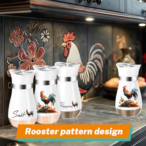 Arrozon Rooster Salt and Pepper Shakers - 4 oz Glass Set, Steel Lids | Rooster Design with Glass Bottoms and Stainless Steel Lids Adds Farmhouse Charm to Kitchen Counters and Makes Refilling Easy. - color: Rooster