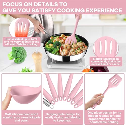 TeamFar Silicone Cooking Utensils Set, 8 PCS Kitchen Utensils Set, Pink | 446°F Heat Resistant Turner, Spatula, Spoon, Whisk, Kitchen Cooking Gadgets Tools, for Nonstick Cookware, Dishwasher Safe - color: Pink