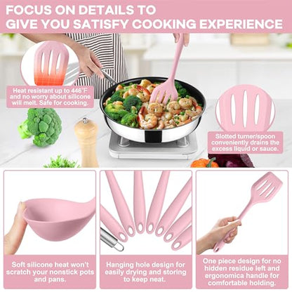 TeamFar Silicone Cooking Utensils Set, 8 PCS Kitchen Utensils Set, Pink | 446°F Heat Resistant Turner, Spatula, Spoon, Whisk, Kitchen Cooking Gadgets Tools, for Nonstick Cookware, Dishwasher Safe - color: Pink