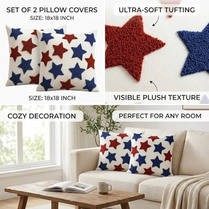 4th of July Patriotic Pillow Covers with Red Blue Stars Embroidered | Pillow Covers 18x18 Independence Day Decor | Tufted Patterned Linen Cushion Case for Couch Sofa